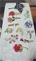 TONS Of Enamel & Silver/Gold Tone Flower Brooches