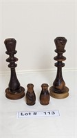 WOODEN CARVED CANDLE STICKS AND SALT AND PEPPER SH