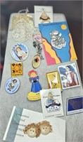 Multiple Lapel Pins- Dolls, Stamps, W. Pooh, More