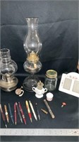 Oil lamps, picture frame, vintage writing