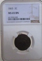 1865 2 CENT PIECE NGC MS65 BN BROWN