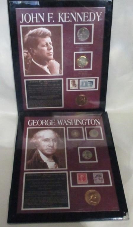 FRAMED JFK & GEO. WASHINGTON COIN & STAMP SET
