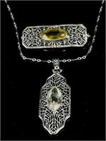 1920's Filigree & Paste Rhodium Necklace and Pin