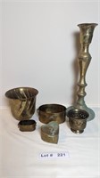 LARGE BRASS CANDLE STICK, PLANTER, AND HEART STORA