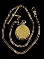 1902 $5 Dollar Gold Liberty Coin Pocket Watch Fob