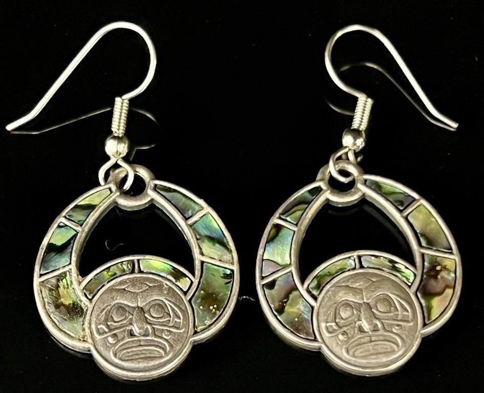 Signed Sterling & Abalone Aztec Design Earrings