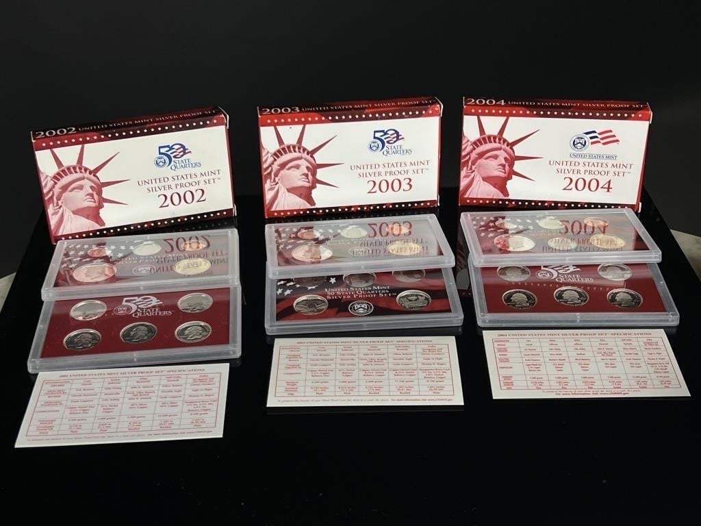 Lot of 3 SILVER PROOF SETS 2002, 2003, 2004 COINS