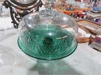 GREEN GLASS CAKE PLATE WITH CLEAR DOME