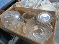 BOX OF GLASSWARE, CANDY DISHES MISC.