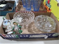 BOX OF CANDY DISH, FIGURINES & MISC.