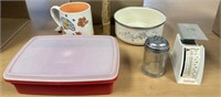 Divided Tupperware container, scale, mug, bowl,