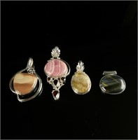 4 Sterling Pendant lot Jasper Hawkeye Agate