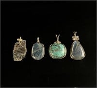 4 Natural Stone Silver Wire Wrapped Pendants
