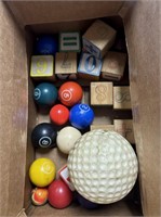 Vintage wooden blocks and pool balls