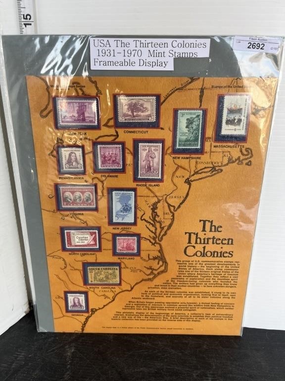 Stamps - USA 13 Colonies frameable display