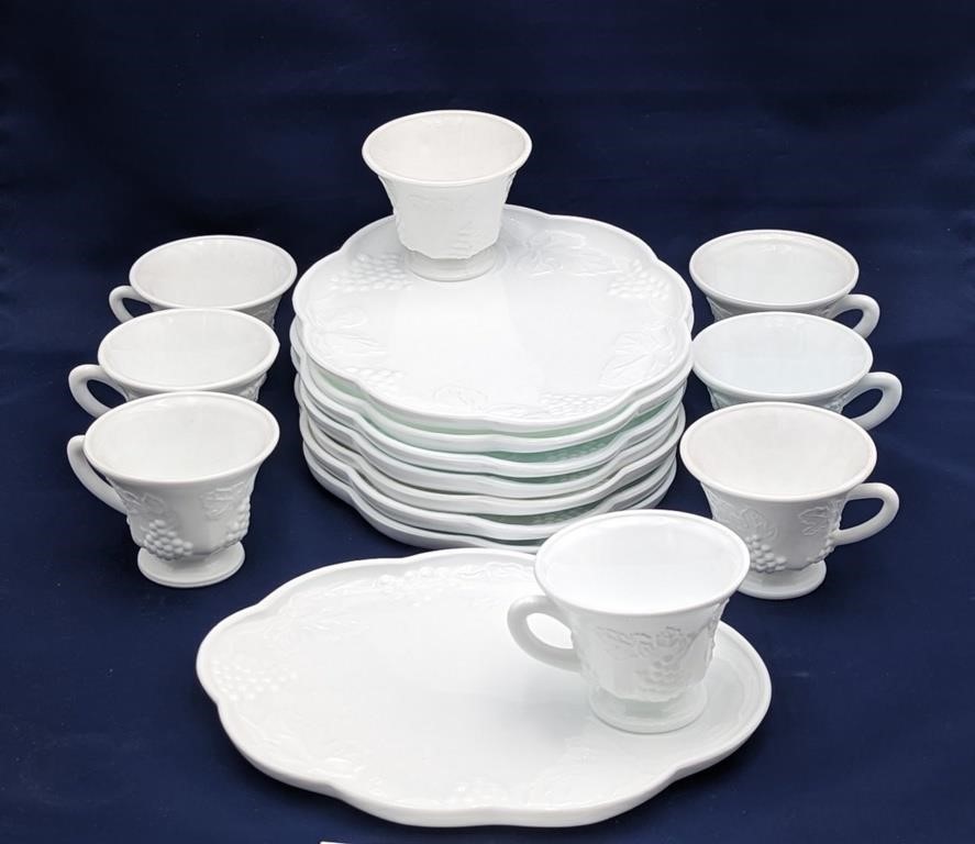 VINTAGE MILK GLASS SNACK PLATES AND CUPS 8 PLACE S