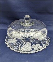 LARGE ETCHED GLASS CAKE PLATE WITH DOMED COVER