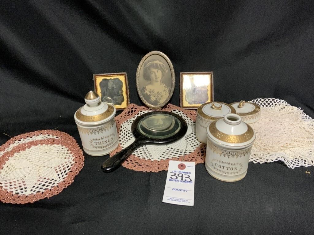 Vintage Vanity Jars, Mirror & Pictures