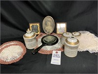 Vintage Vanity Jars, Mirror & Pictures