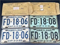 2 Sets Of Antique Md License Plates 1961 & 62 w