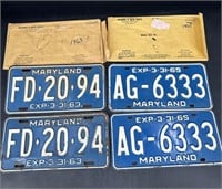 2 Sets Of Antique Md License Plates 1963 & 65 In