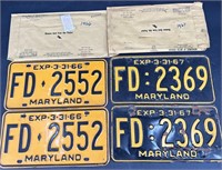 2 Sets Of Antique Md License Plates 1966 & 67 In