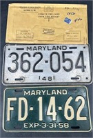 2 Antique Md License Plates 1948 & 58 In Original