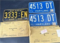 3 Antique Md License Plates 1 Set Of 1971 & 1