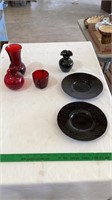 Red glass flower vase, red glass cup, black glass