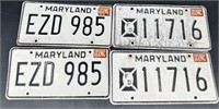 2 Sets Of Vintage MD License Plates 1 FD 1986