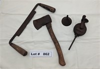 ANTIQUE RASP, AXE, DRILL, AND OIL CAN