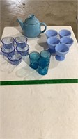 Vintage blue glass cup sets, tea pot.