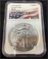 2019 SILVER AMERICAN EAGLE 1st DAY ISSUE, MS70
