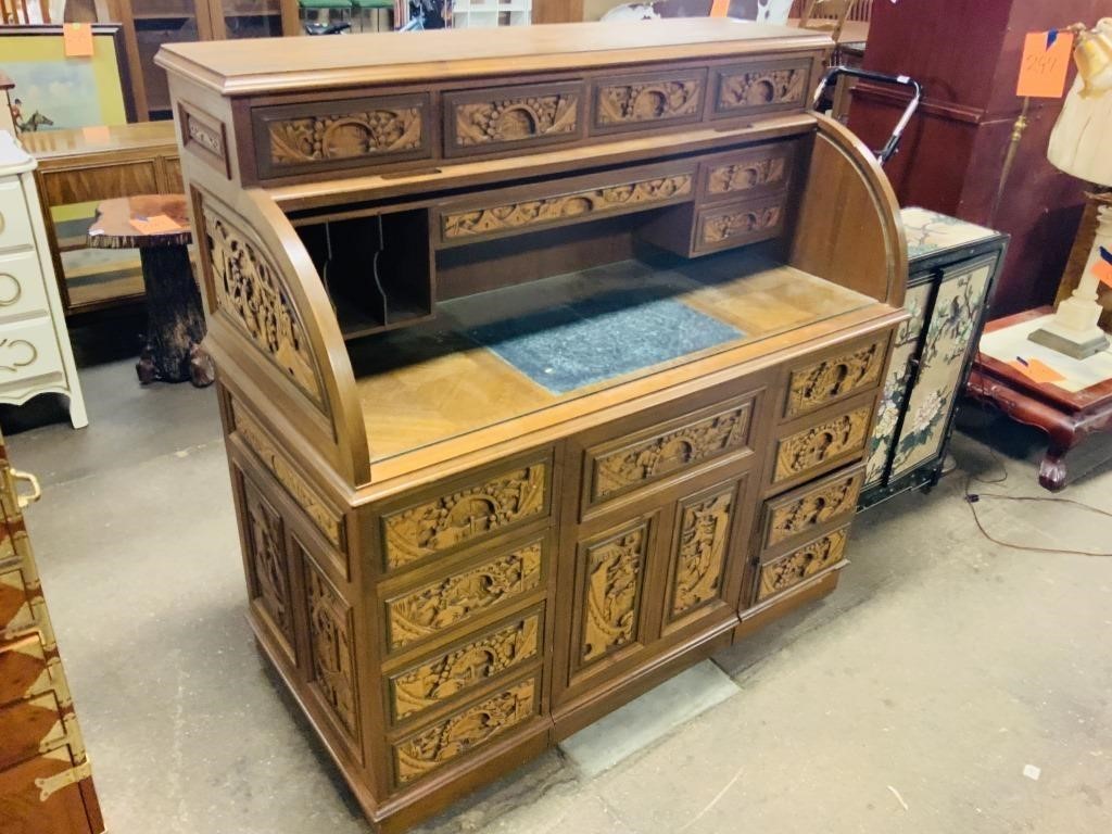 Oriental Royal Roll top grand carved Desk w/ stool