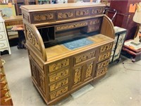 Oriental Royal Roll top grand carved Desk w/ stool