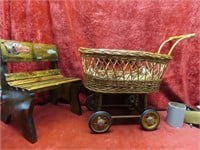 Basket stroller, small wood bench.