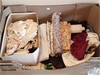 box of vtg linens - feedsack material,hankies,