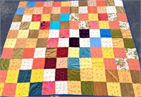 HAND SEWN SCRAP FABRIC QUILT LARGE SQUARES 70X84"
