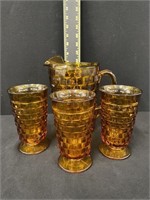 Vintage Amber Pitcher and Cups Glass