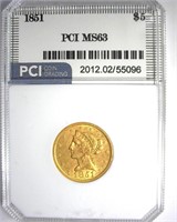 1851 Gold $5 MS63 LISTS $12500