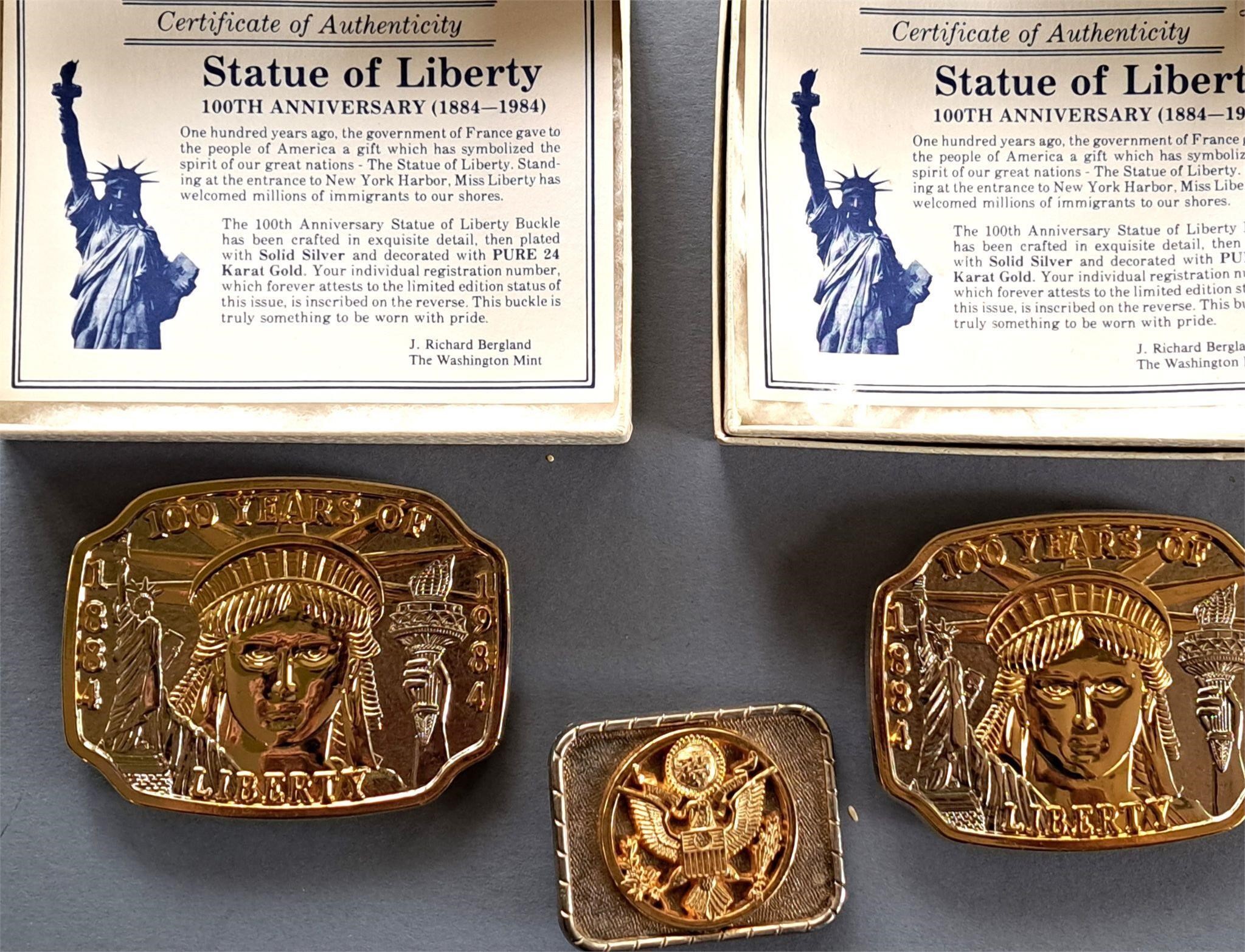 2 STATUE OF LIBERTY BELT BUCKLES & 1 EAGLE BUCKLE