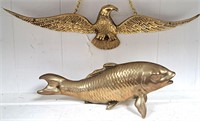 BRASS HANGING EAGLE AND KOI GOLD FISH DECORATION