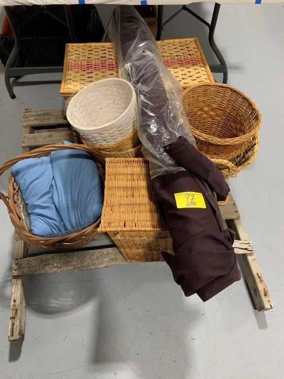 PALLET W/ BASKETS, ROLL OF FABRIC