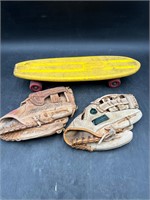 Skate Board & 2 Baseball Gloves