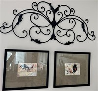Metal wall decor & two framed prints