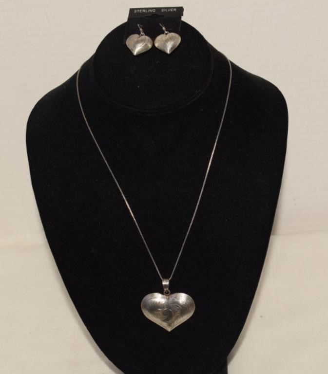 Sterling Chain & Puffy Heart Pendant w/ Earrings