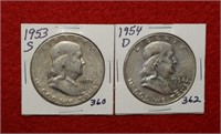 1953S & 1954D Franklin Silver Half Dollars