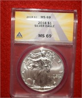 2018 Silver Eagle Dollar   MS69  ANACS