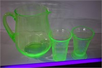 Green Uranium Glass Pitcher + 2 Glasses