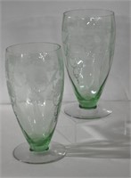 Two Vintage Heisey Etched Green Glass Goblets